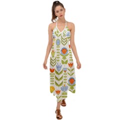 Seamless-pattern-with-various-flowers-leaves-folk-motif Halter Tie Back Dress  by uniart180623