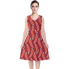 Chili-pattern-red V-neck Midi Sleeveless Dress  by uniart180623