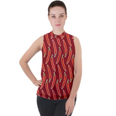 Chili-pattern-red Mock Neck Chiffon Sleeveless Top by uniart180623