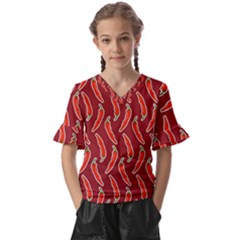 Chili-pattern-red Kids  V-neck Horn Sleeve Blouse by uniart180623