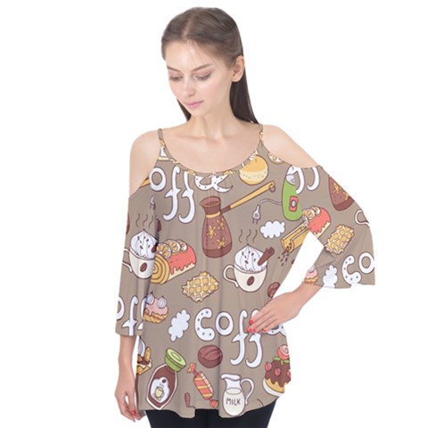 Vector-seamless-pattern-with-doodle-coffee-equipment Flutter Sleeve Tee  by uniart180623