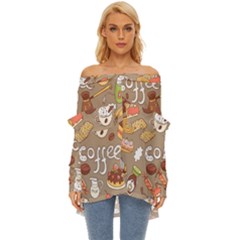 Vector-seamless-pattern-with-doodle-coffee-equipment Off Shoulder Chiffon Pocket Shirt by uniart180623