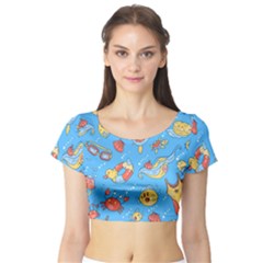 Hand-drawn-seamless-pattern-summer-time Short Sleeve Crop Top by uniart180623