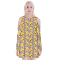 Yellow-mushroom-pattern Velvet Long Sleeve Shoulder Cutout Dress by uniart180623