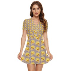 Yellow-mushroom-pattern V-neck High Waist Chiffon Mini Dress by uniart180623