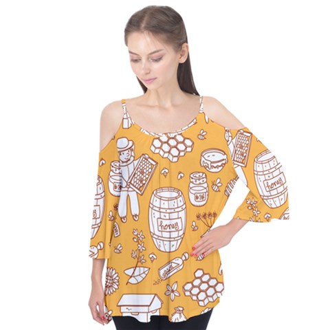 Vector-honey-element-doodle-seamless-pattern-with-beehive-beeke Flutter Sleeve Tee  by uniart180623