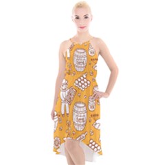 Vector-honey-element-doodle-seamless-pattern-with-beehive-beeke High-low Halter Chiffon Dress 