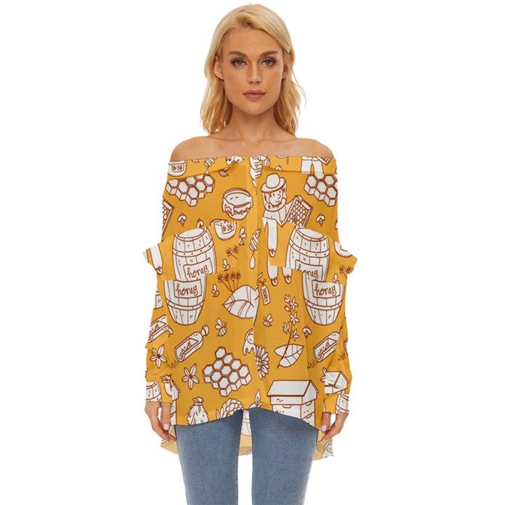 Vector-honey-element-doodle-seamless-pattern-with-beehive-beeke Off Shoulder Chiffon Pocket Shirt