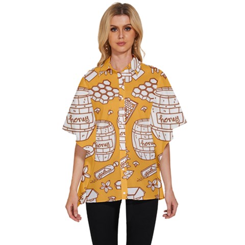 Vector-honey-element-doodle-seamless-pattern-with-beehive-beeke Women s Batwing Button Up Shirt by uniart180623