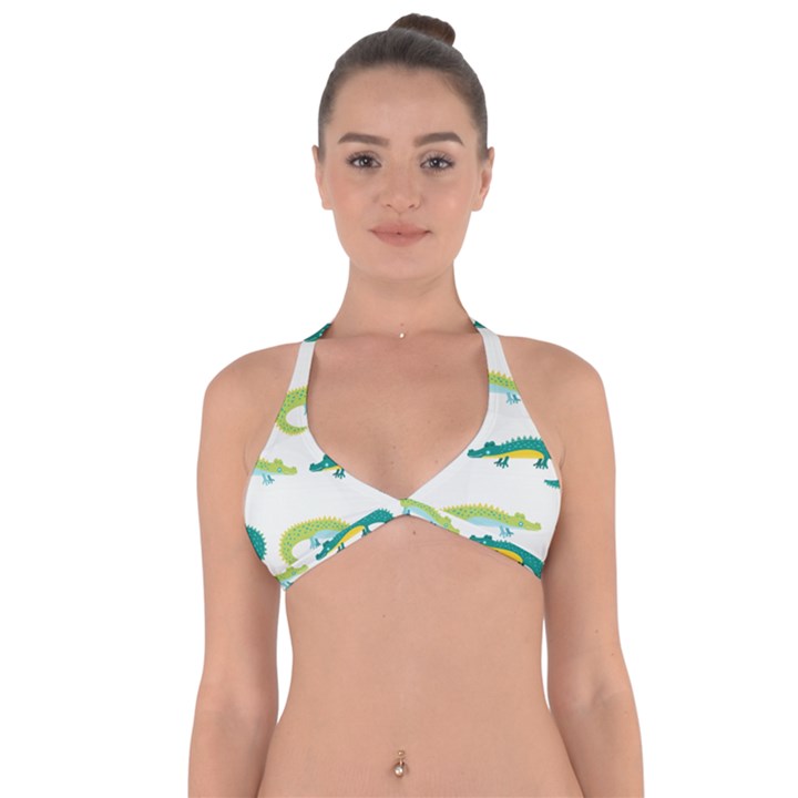 Cute-cartoon-alligator-kids-seamless-pattern-with-green-nahd-drawn-crocodiles Halter Neck Bikini Top