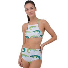 Cute-cartoon-alligator-kids-seamless-pattern-with-green-nahd-drawn-crocodiles Halter Tankini Set by uniart180623