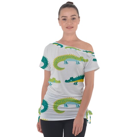 Cute-cartoon-alligator-kids-seamless-pattern-with-green-nahd-drawn-crocodiles Off Shoulder Tie-up Tee by uniart180623