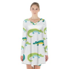 Cute-cartoon-alligator-kids-seamless-pattern-with-green-nahd-drawn-crocodiles Long Sleeve Velvet V-neck Dress by uniart180623