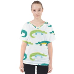 Cute-cartoon-alligator-kids-seamless-pattern-with-green-nahd-drawn-crocodiles V-neck Dolman Drape Top by uniart180623