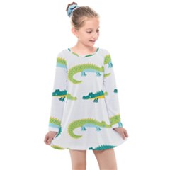 Cute-cartoon-alligator-kids-seamless-pattern-with-green-nahd-drawn-crocodiles Kids  Long Sleeve Dress by uniart180623