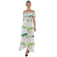 Cute-cartoon-alligator-kids-seamless-pattern-with-green-nahd-drawn-crocodiles Off Shoulder Open Front Chiffon Dress by uniart180623