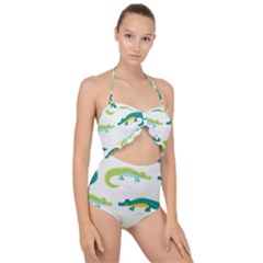 Cute-cartoon-alligator-kids-seamless-pattern-with-green-nahd-drawn-crocodiles Scallop Top Cut Out Swimsuit by uniart180623