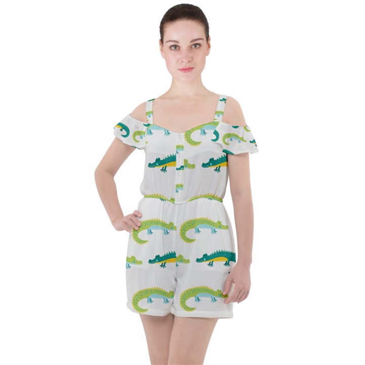 Cute-cartoon-alligator-kids-seamless-pattern-with-green-nahd-drawn-crocodiles Ruffle Cut Out Chiffon Playsuit