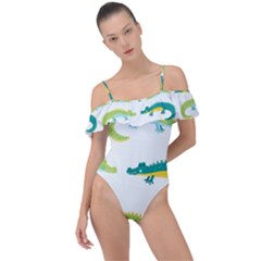 Cute-cartoon-alligator-kids-seamless-pattern-with-green-nahd-drawn-crocodiles Frill Detail One Piece Swimsuit by uniart180623