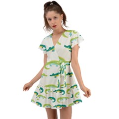 Cute-cartoon-alligator-kids-seamless-pattern-with-green-nahd-drawn-crocodiles Flutter Sleeve Wrap Dress by uniart180623