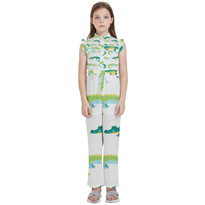 Cute-cartoon-alligator-kids-seamless-pattern-with-green-nahd-drawn-crocodiles Kids  Sleeveless Ruffle Edge Band Collar Chiffon One Piece