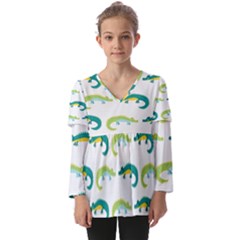 Cute-cartoon-alligator-kids-seamless-pattern-with-green-nahd-drawn-crocodiles Kids  V Neck Casual Top by uniart180623