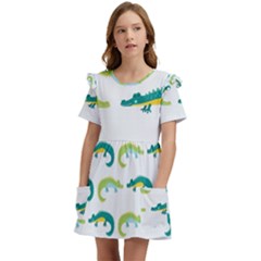 Cute-cartoon-alligator-kids-seamless-pattern-with-green-nahd-drawn-crocodiles Kids  Frilly Sleeves Pocket Dress by uniart180623