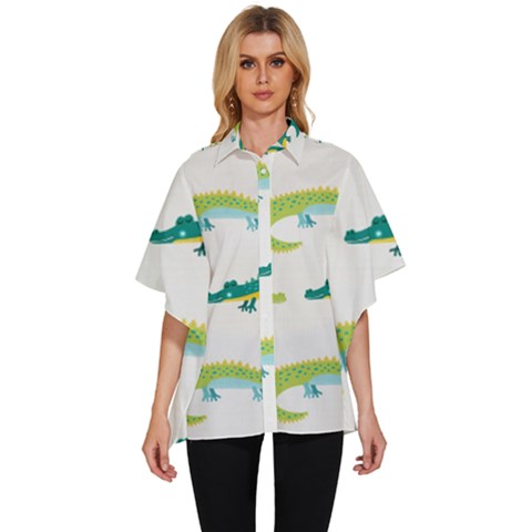 Cute-cartoon-alligator-kids-seamless-pattern-with-green-nahd-drawn-crocodiles Women s Batwing Button Up Shirt by uniart180623