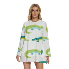 Cute-cartoon-alligator-kids-seamless-pattern-with-green-nahd-drawn-crocodiles Round Neck Long Sleeve Bohemian Style Chiffon Mini Dress by uniart180623