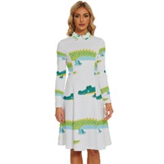 Cute-cartoon-alligator-kids-seamless-pattern-with-green-nahd-drawn-crocodiles Long Sleeve Shirt Collar A-line Dress by uniart180623