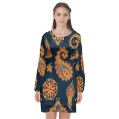 Bright-seamless-pattern-with-paisley-mehndi-elements-hand-drawn-wallpaper-with-floral-traditional Long Sleeve Chiffon Shift Dress  by uniart180623