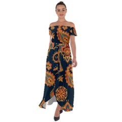 Bright-seamless-pattern-with-paisley-mehndi-elements-hand-drawn-wallpaper-with-floral-traditional Off Shoulder Open Front Chiffon Dress by uniart180623