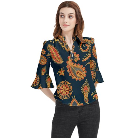 Bright-seamless-pattern-with-paisley-mehndi-elements-hand-drawn-wallpaper-with-floral-traditional Loose Horn Sleeve Chiffon Blouse by uniart180623