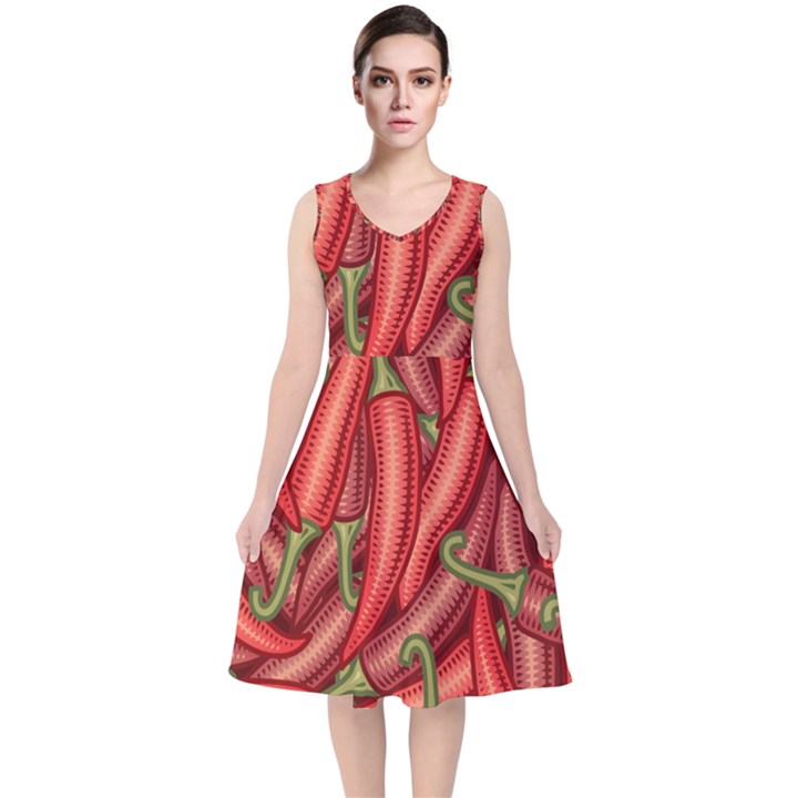 Seamless-chili-pepper-pattern V-Neck Midi Sleeveless Dress 