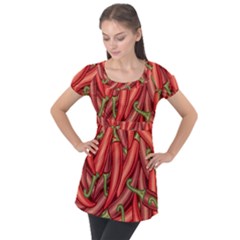 Seamless-chili-pepper-pattern Puff Sleeve Tunic Top by uniart180623