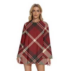 Tartan-scotland-seamless-plaid-pattern-vector-retro-background-fabric-vintage-check-color-square-geo Round Neck Long Sleeve Bohemian Style Chiffon Mini Dress