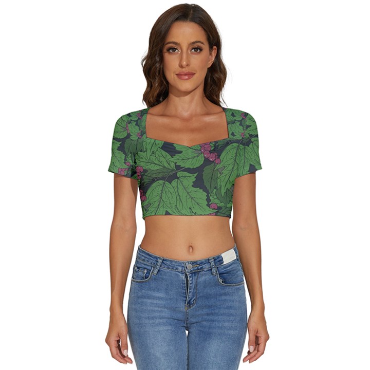 Seamless-pattern-with-hand-drawn-guelder-rose-branches Short Sleeve Square Neckline Crop Top 