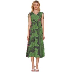 Seamless-pattern-with-hand-drawn-guelder-rose-branches V-neck Drawstring Shoulder Sleeveless Maxi Dress