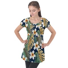 Seamless-pattern-with-tropical-strelitzia-flowers-leaves-exotic-background Puff Sleeve Tunic Top by uniart180623