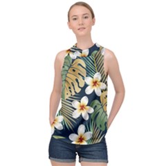 Seamless-pattern-with-tropical-strelitzia-flowers-leaves-exotic-background High Neck Satin Top by uniart180623