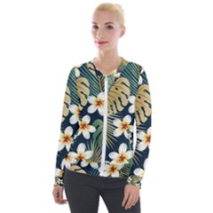 Seamless-pattern-with-tropical-strelitzia-flowers-leaves-exotic-background Velvet Zip Up Jacket by uniart180623