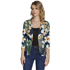 Seamless-pattern-with-tropical-strelitzia-flowers-leaves-exotic-background Women s One-button 3/4 Sleeve Short Jacket