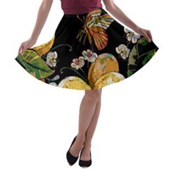 Embroidery-blossoming-lemons-butterfly-seamless-pattern A-line Skater Skirt by uniart180623