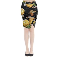 Embroidery-blossoming-lemons-butterfly-seamless-pattern Midi Wrap Pencil Skirt by uniart180623