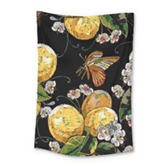 Embroidery-blossoming-lemons-butterfly-seamless-pattern Small Tapestry by uniart180623