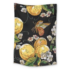 Embroidery-blossoming-lemons-butterfly-seamless-pattern Large Tapestry by uniart180623