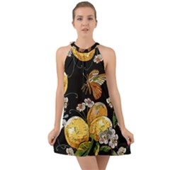 Embroidery-blossoming-lemons-butterfly-seamless-pattern Halter Tie Back Chiffon Dress by uniart180623