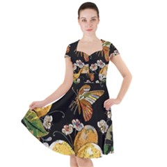 Embroidery-blossoming-lemons-butterfly-seamless-pattern Cap Sleeve Midi Dress by uniart180623