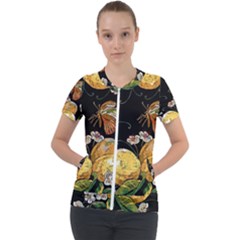 Embroidery-blossoming-lemons-butterfly-seamless-pattern Short Sleeve Zip Up Jacket by uniart180623