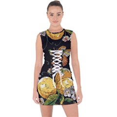 Embroidery-blossoming-lemons-butterfly-seamless-pattern Lace Up Front Bodycon Dress